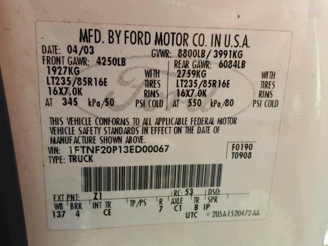 1FTNF20P13ED00067 - 2003 FORD F250 SUPER WHITE photo 10