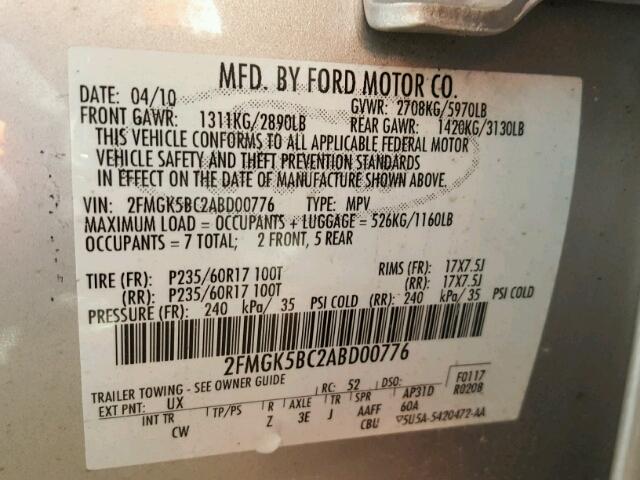 2FMGK5BC2ABD00776 - 2010 FORD FLEX SE SILVER photo 10