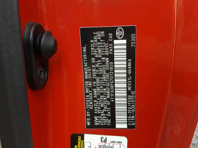 4T1FA38PX7U131820 - 2007 TOYOTA CAMRY SOLA RED photo 10