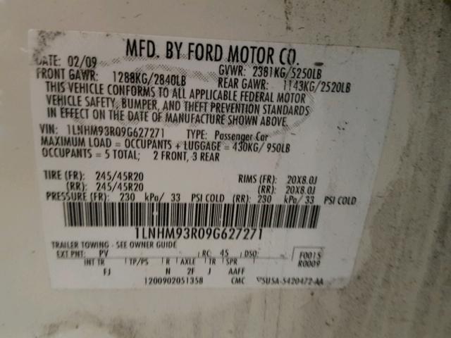 1LNHM93R09G627271 - 2009 LINCOLN MKS WHITE photo 10