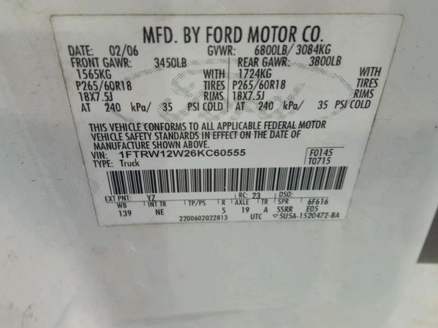 1FTRW12W26KC60555 - 2006 FORD F150 SUPER WHITE photo 10