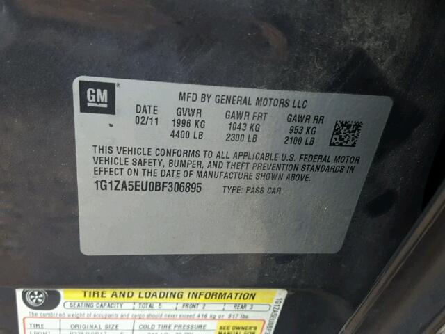 1G1ZA5EU0BF306895 - 2011 CHEVROLET MALIBU LS Boz foto 10