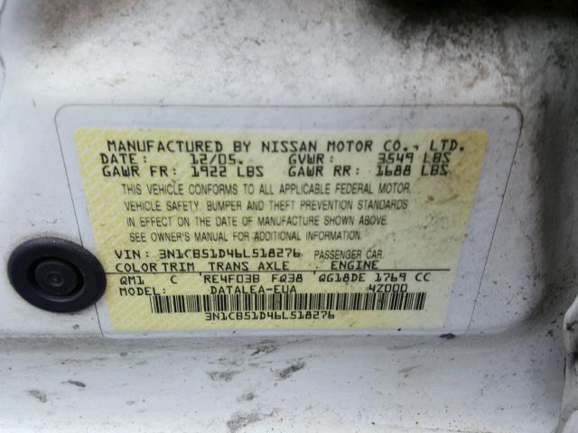 3N1CB51D46L518276 - 2006 NISSAN SENTRA 1.8 WHITE photo 10