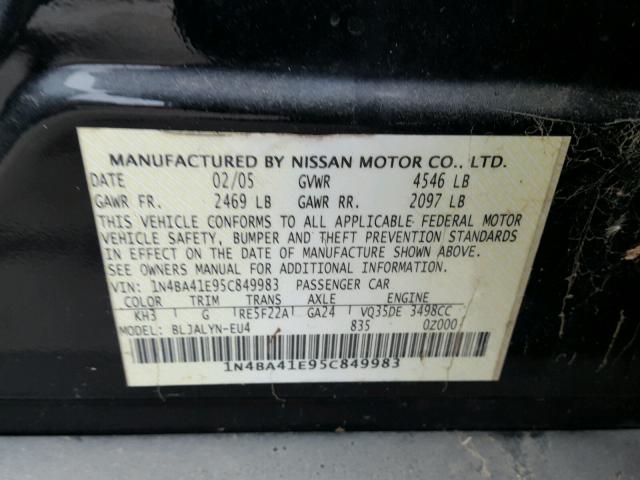 1N4BA41E95C849983 - 2005 NISSAN MAXIMA SE BLACK photo 10