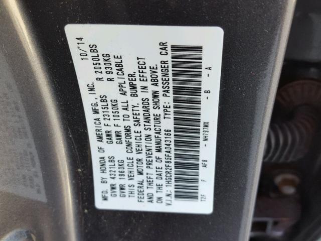 1HGCR2F85FA043166 - 2015 HONDA ACCORD GRAY photo 10