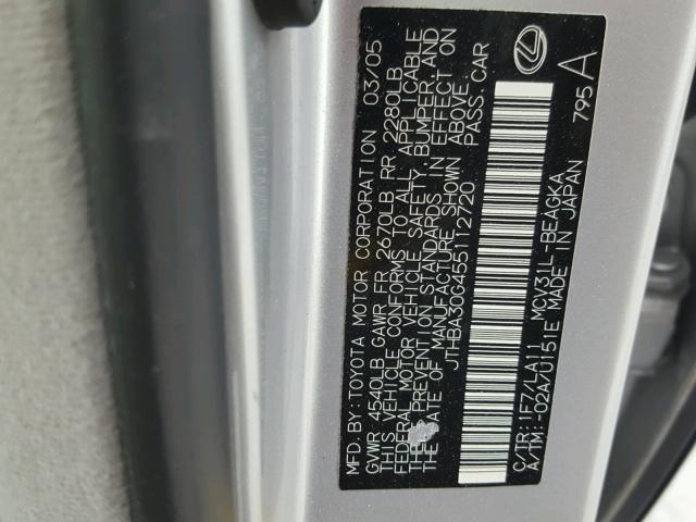 JTHBA30G455112720 - 2005 LEXUS ES 330 SILVER photo 10