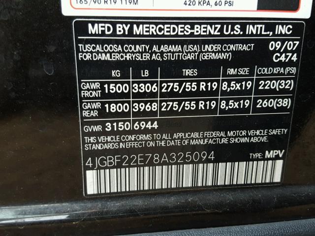 4JGBF22E78A325094 - 2008 MERCEDES-BENZ GL 320 CDI BLACK photo 10