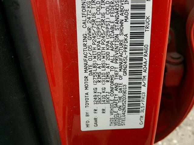 5TELU42N35Z039013 - 2005 TOYOTA TACOMA DOU RED photo 10