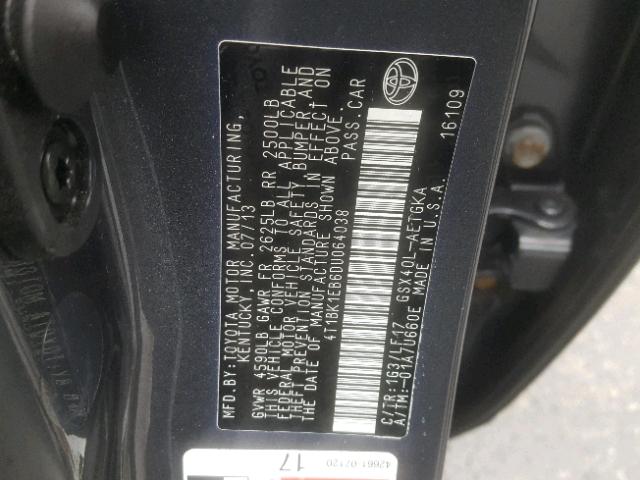 4T1BK1EB6DU064038 - 2013 TOYOTA AVALON BAS GRAY photo 10