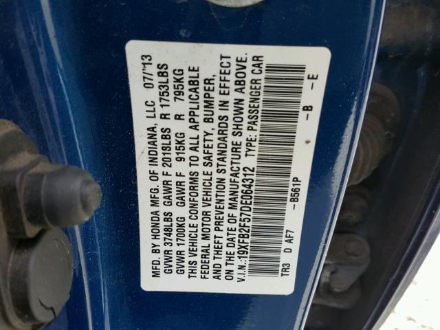 19XFB2F57DE064312 - 2013 HONDA CIVIC LX BLUE photo 10