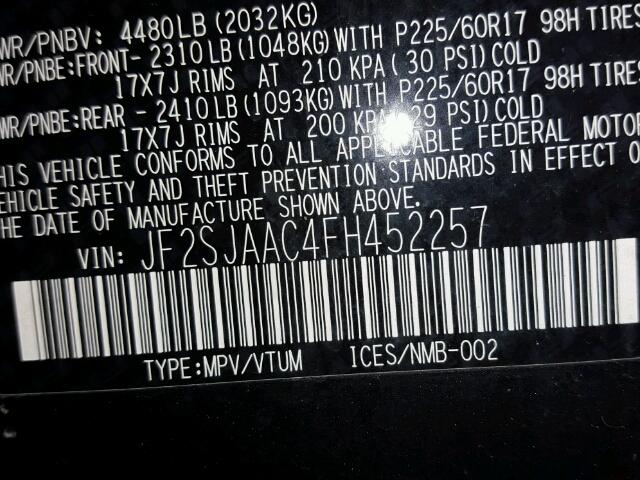 JF2SJAAC4FH452257 - 2015 SUBARU FORESTER 2 GRAY photo 10