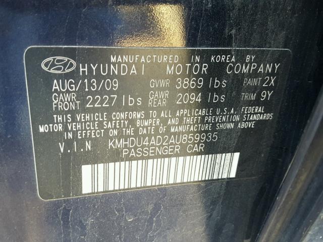 KMHDU4AD2AU859935 - 2010 HYUNDAI ELANTRA BL BLUE photo 10