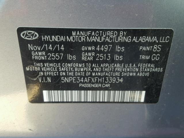 5NPE34AFXFH133934 - 2015 HYUNDAI SONATA SPO SILVER photo 10