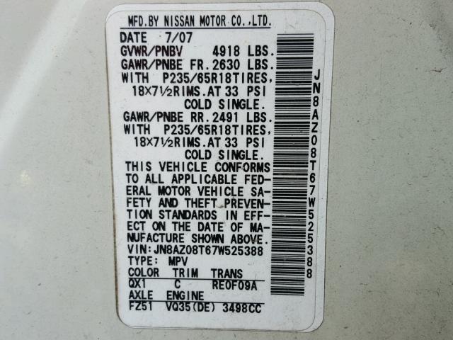 JN8AZ08T67W525388 - 2007 NISSAN MURANO SL WHITE photo 10