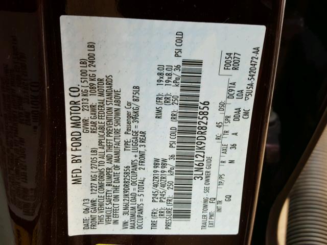 3LN6L2JK9DR825856 - 2013 LINCOLN MKZ Burdeos foto 10