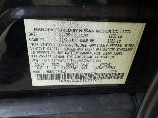 1N4AL11D55C322017 - 2005 NISSAN ALTIMA S BLACK photo 10