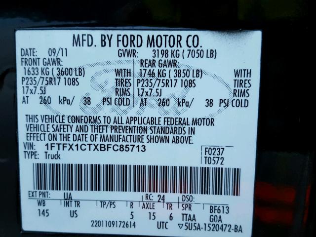 1FTFX1CTXBFC85713 - 2011 FORD F150 SUPER BLACK photo 10