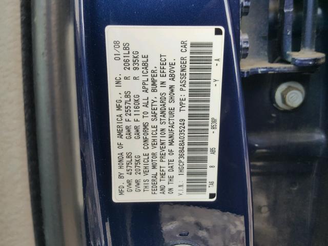 1HGCP36848A035249 - 2008 HONDA ACCORD EXL BLUE photo 10