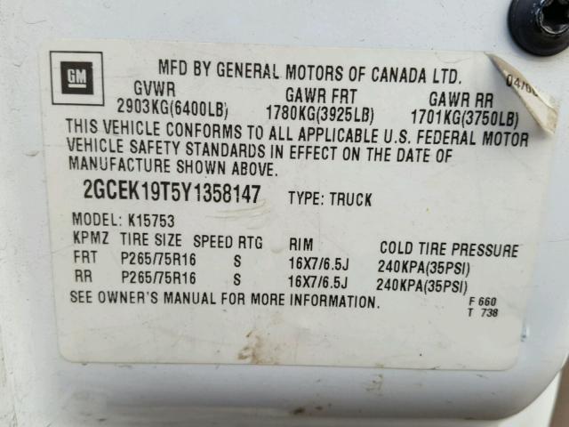 2GCEK19T5Y1358147 - 2000 CHEVROLET SILVERADO WHITE photo 10