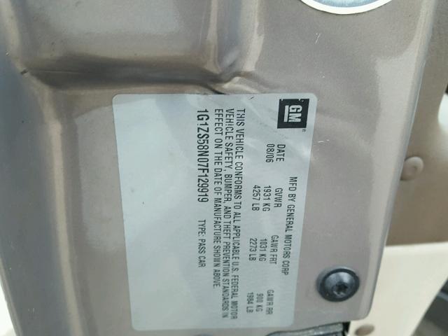 1G1ZS58N07F129919 - 2007 CHEVROLET MALIBU LS ოქროსფერი ფოტო 10