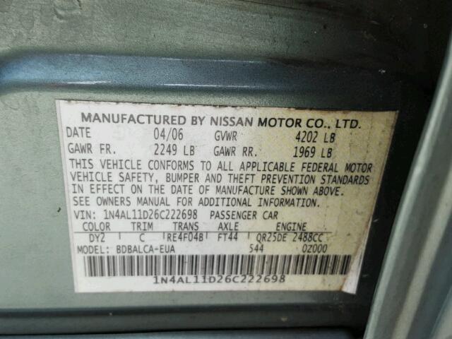 1N4AL11D26C222698 - 2006 NISSAN ALTIMA S GREEN photo 10