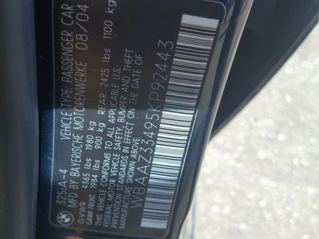 WBAAZ33495KP92443 - 2005 BMW 325 IS SUL BLUE photo 10