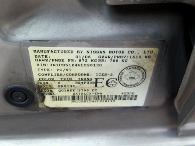 3N1CB51D46L528130 - 2006 NISSAN SENTRA 1.8 GRAY photo 10