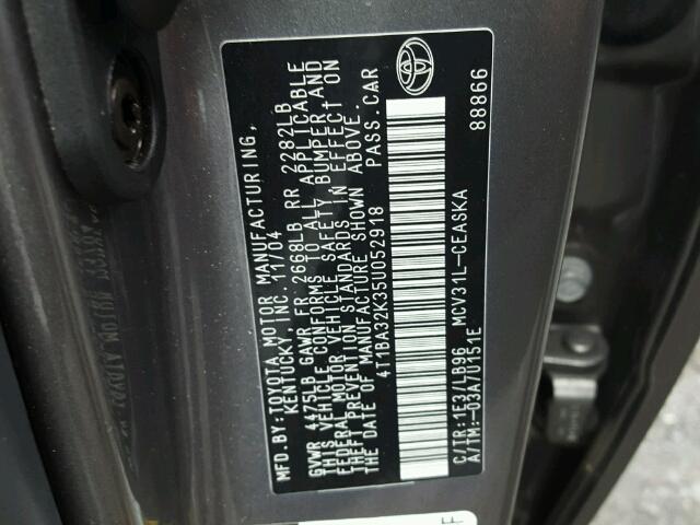 4T1BA32K35U052918 - 2005 TOYOTA CAMRY SE CHARCOAL photo 10