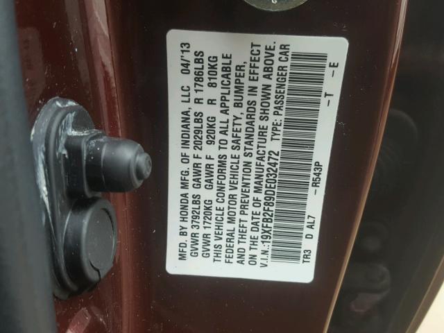 19XFB2F89DE032472 - 2013 HONDA CIVIC EX MAROON photo 10