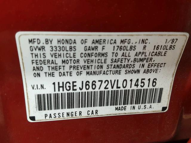 1HGEJ6672VL014516 - 1997 HONDA CIVIC LX RED photo 10