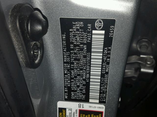 4T1BK1EB0FU178555 - 2015 TOYOTA AVALON XLE 银色 照片 10