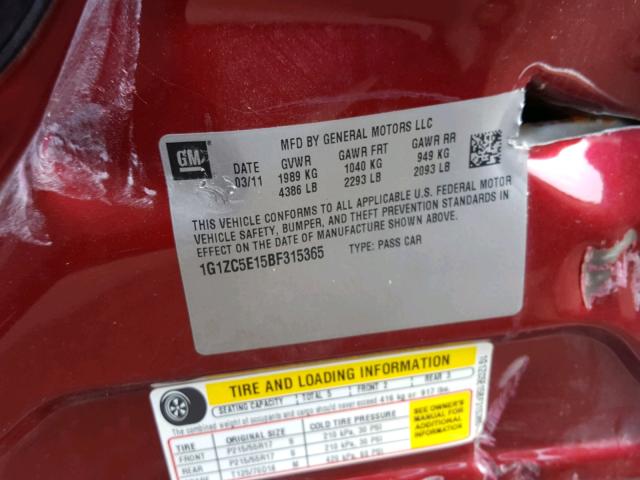 1G1ZC5E15BF315365 - 2011 CHEVROLET MALIBU 1LT BURGUNDY photo 10