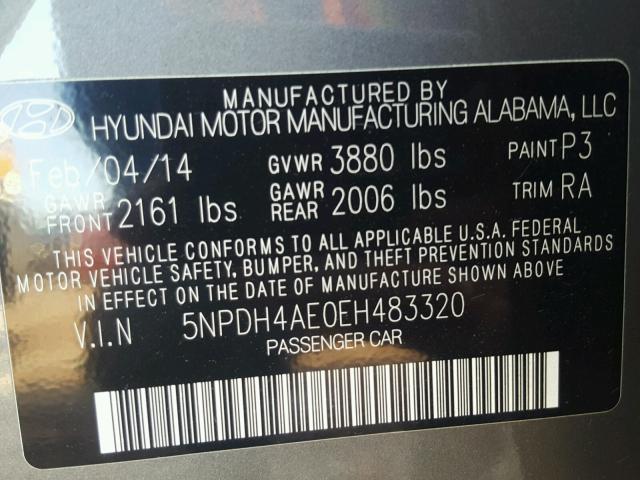 5NPDH4AE0EH483320 - 2014 HYUNDAI ELANTRA GRAY photo 10