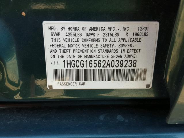 1HGCG16562A039238 - 2002 HONDA ACCORD EX GREEN photo 10