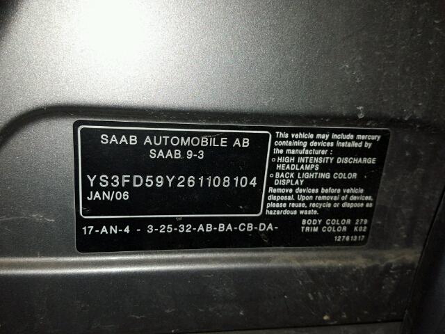 YS3FD59Y261108104 - 2006 SAAB 9-3 BASE SILVER photo 10