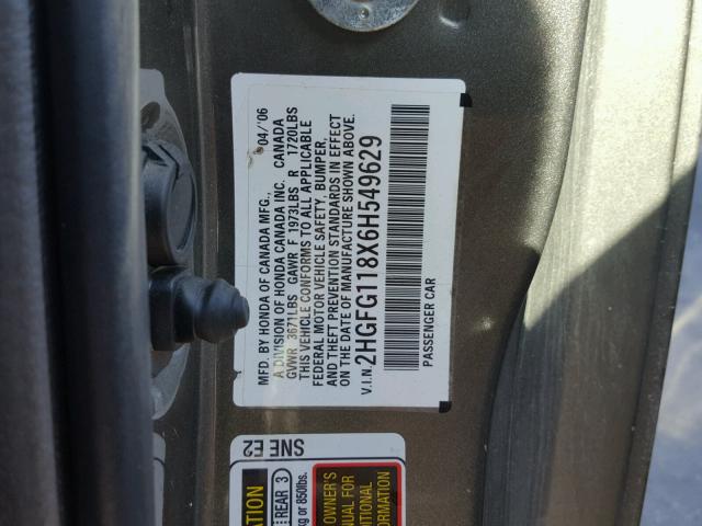 2HGFG118X6H549629 - 2006 HONDA CIVIC EX გრაფიტი ფოტო 10