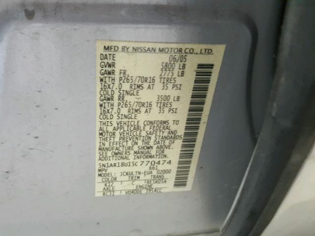 5N1AR18U15C770474 - 2005 NISSAN PATHFINDER SILVER photo 10