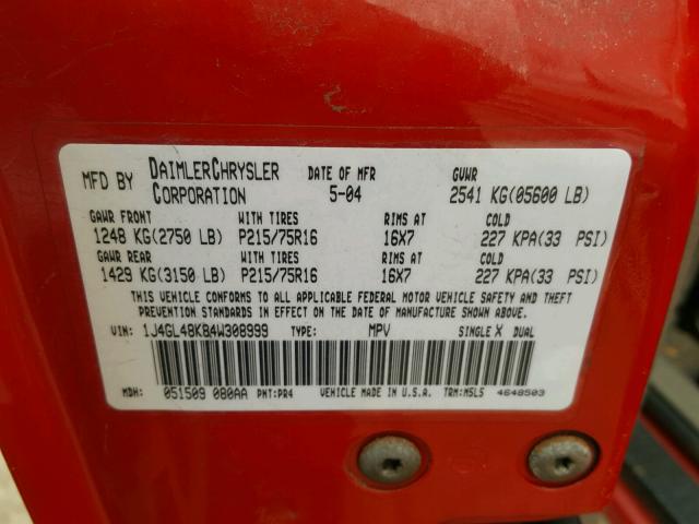 1J4GL48K84W308999 - 2004 JEEP LIBERTY SP RED photo 10