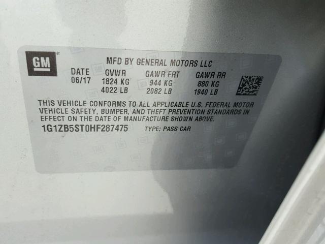 1G1ZB5ST0HF287475 - 2017 CHEVROLET MALIBU LS ვერცხლისფერი ფოტო 10