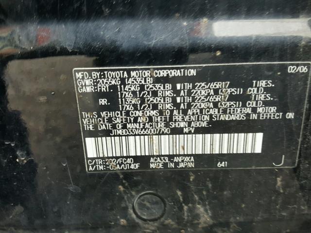 JTMBD33V666007790 - 2006 TOYOTA RAV4 BLACK photo 10