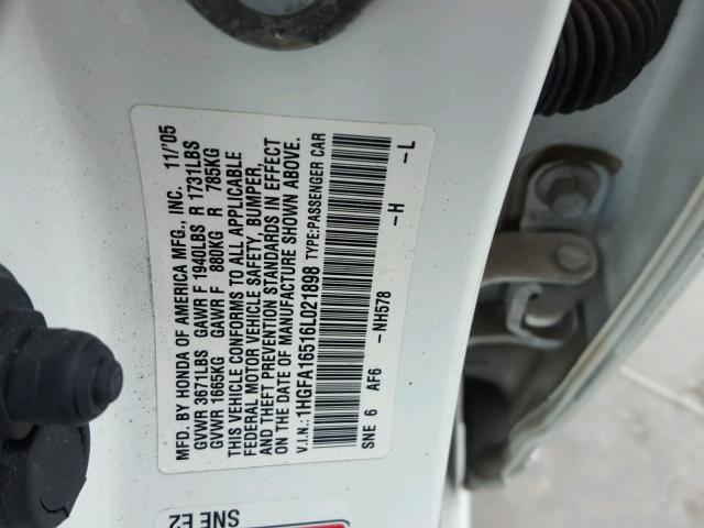 1HGFA16516L021898 - 2006 HONDA CIVIC LX WHITE photo 10