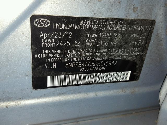 5NPEB4AC5DH515942 - 2013 HYUNDAI SONATA GLS BLUE photo 10