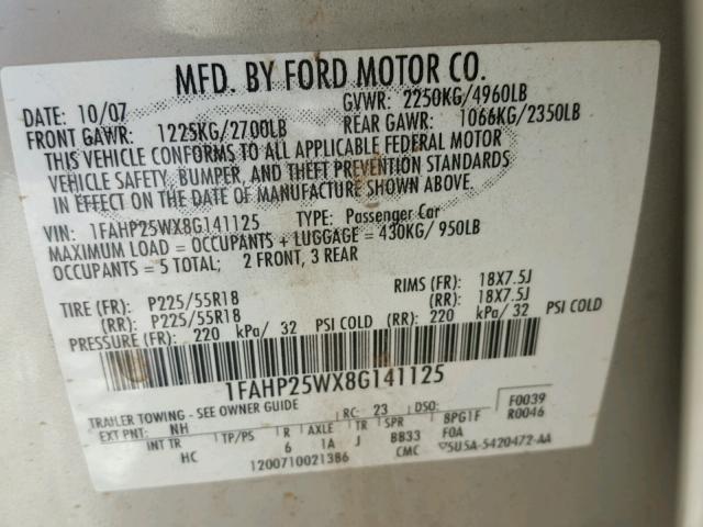 1FAHP25WX8G141125 - 2008 FORD TAURUS LIM TAN photo 10