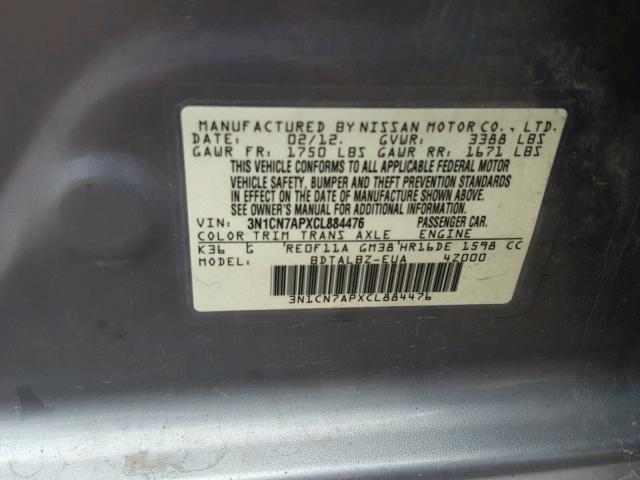 3N1CN7APXCL884476 - 2012 NISSAN VERSA S GRAY photo 10