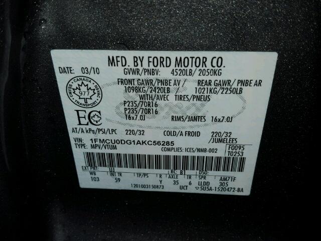 1FMCU0DG1AKC56285 - 2010 FORD ESCAPE XLT GRAY photo 10