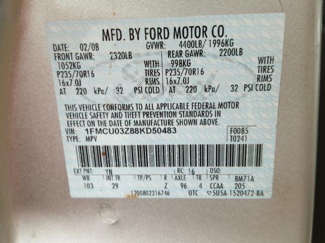 1FMCU03Z88KD50483 - 2008 FORD ESCAPE XLT SILVER photo 10