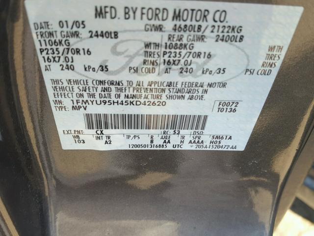 1FMYU95H45KD42620 - 2005 FORD ESCAPE HEV GRAY photo 10