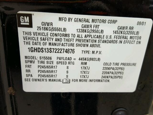 1GHDS13S722274876 - 2002 OLDSMOBILE BRAVADA BLACK photo 10