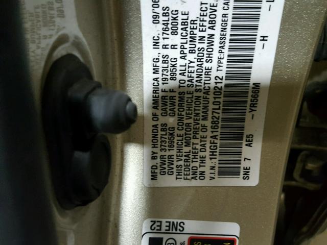 1HGFA16827L010212 - 2007 HONDA CIVIC GOLD photo 10