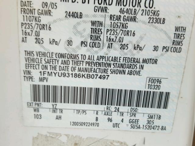 1FMYU93186KB07497 - 2006 FORD ESCAPE XLT WHITE photo 10